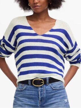 Madewell Sweater Women's XL Linen Striped knit V-neck Preppy Coastal Beach NV240